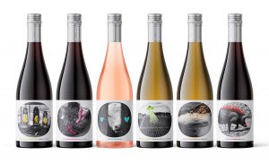 hilarious wine label design - A row of six wines
