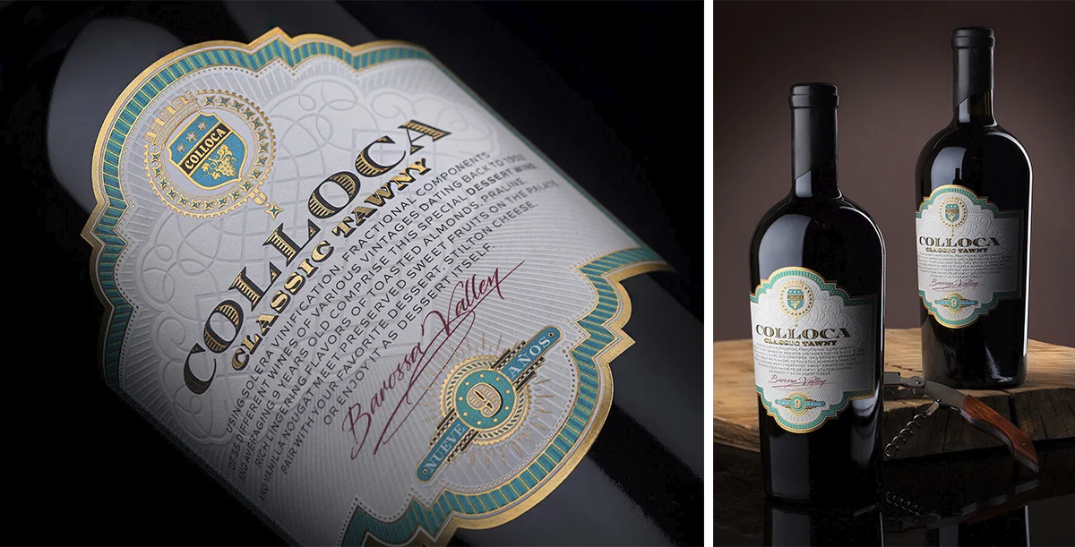 colloca classic tawny high relief heraldic label design