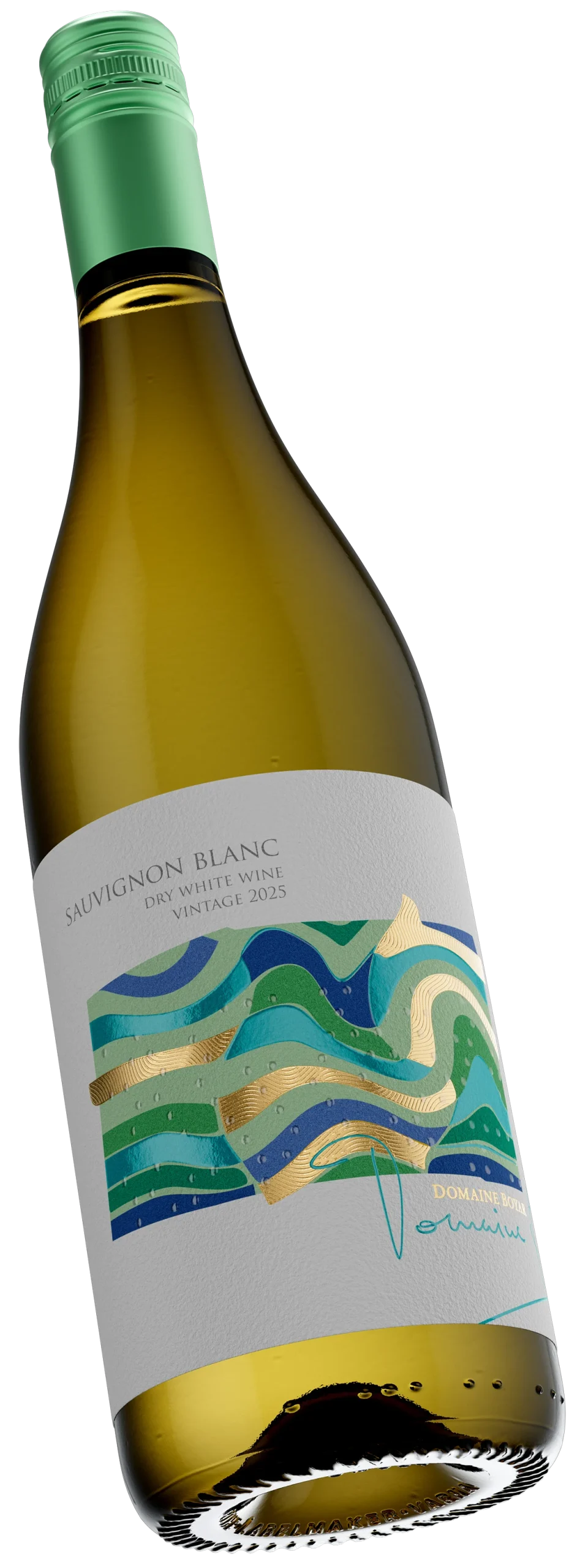 perspective view of the bottle showcasing the typography