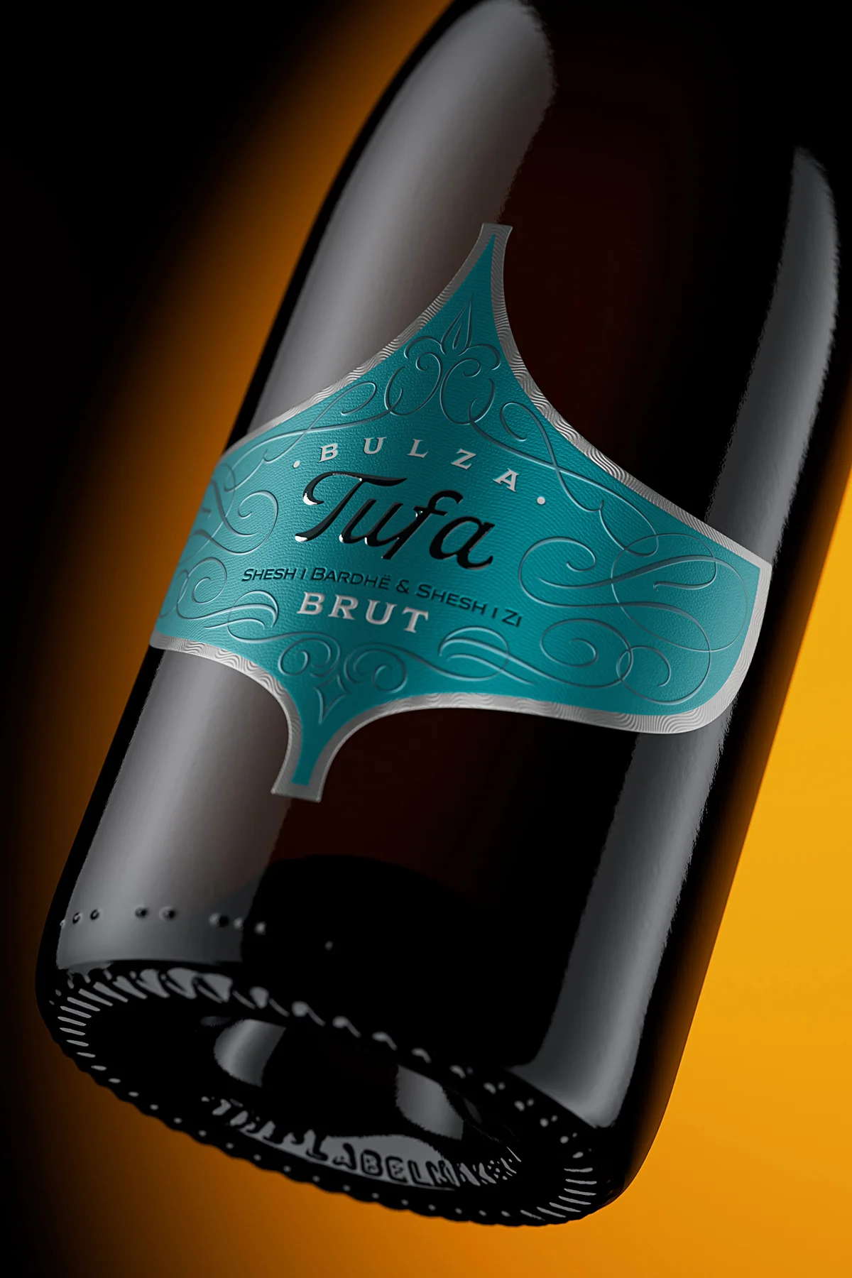 Luxury sparkling wine label detail showing embossed Tufa Brut typography and custom die-cut silhouette, Kantina Tufa Albania