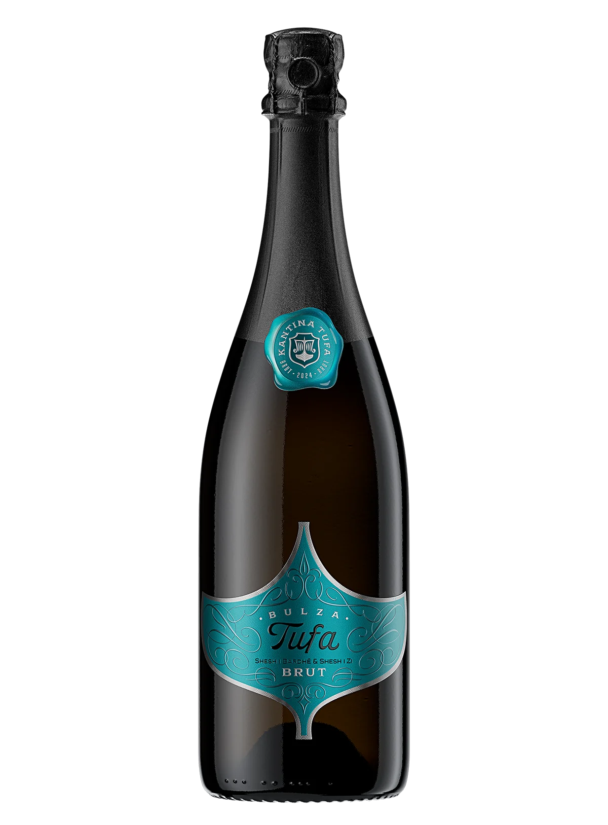 Tufa Bulza Brut luxury sparkling wine bottle with custom teal die-cut label and wax-seal capsule badge, Kantina Tufa Albania