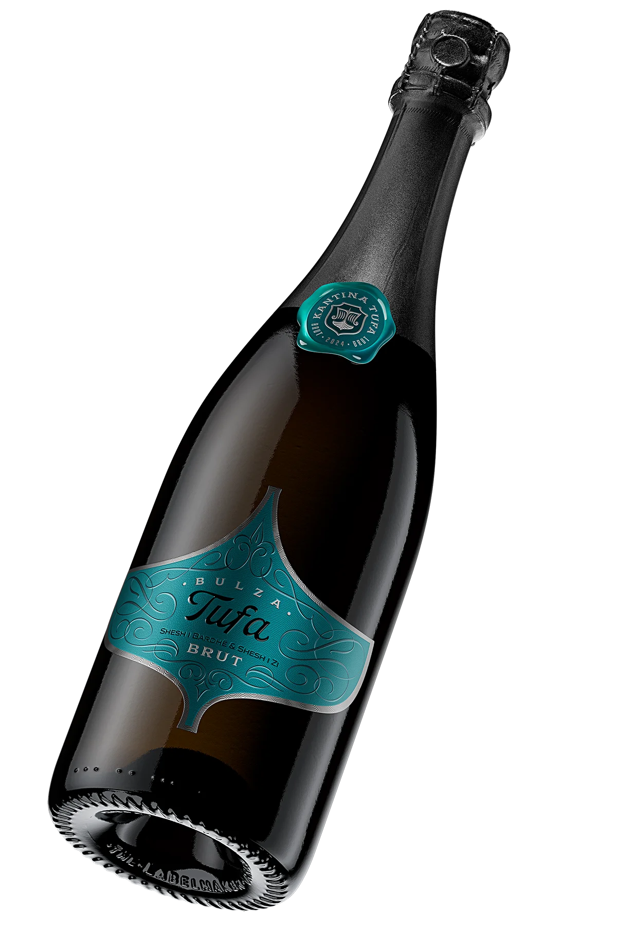 Tufa Bulza Brut sparkling wine bottle - custom teal die-cut label with calligraphic ornaments and Kantina Tufa wax-effect resin embossed metal label
