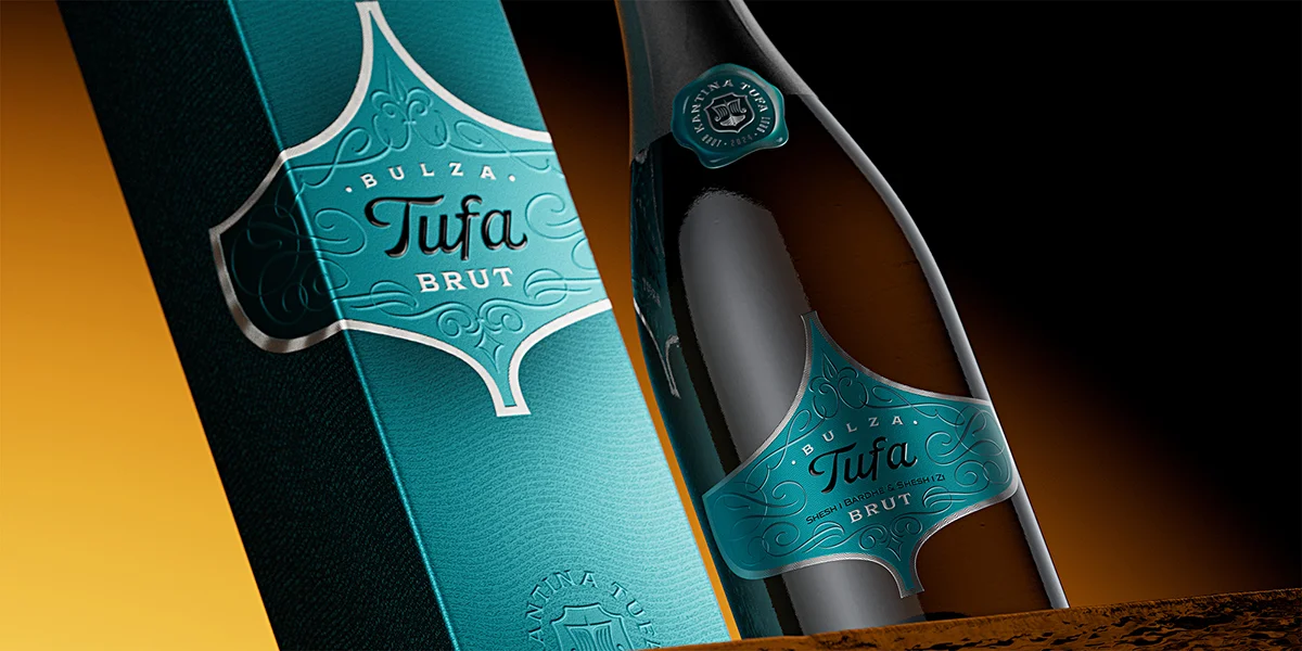 Tufa Bulza Brut sparkling wine bottle with matching luxury presentation box, teal metallic embossed packaging, Kantina Tufa Albania