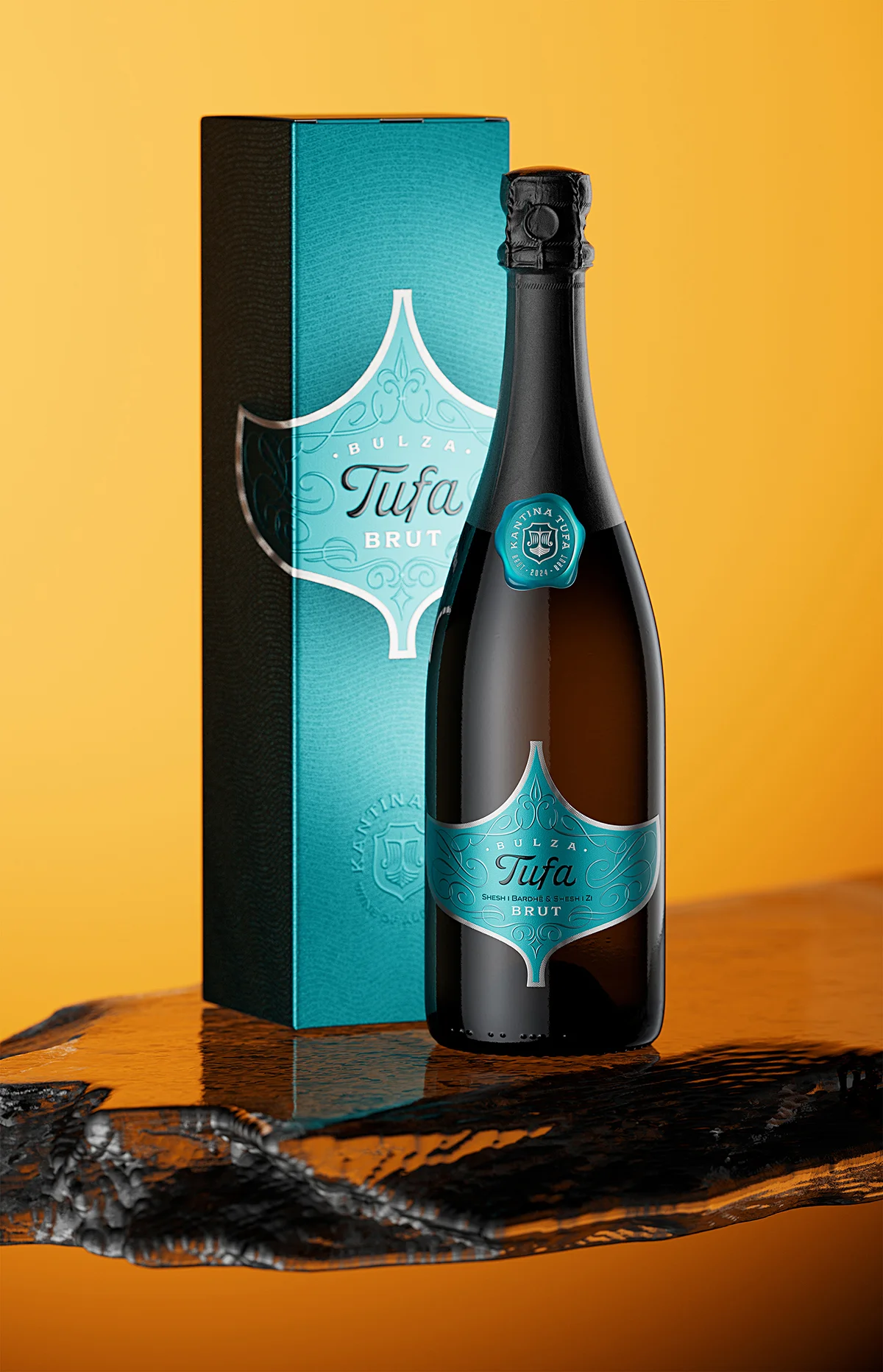 Tufa Bulza luxury sparkling wine bottle and presentation box on dark marble surface, premium boutique wine packaging design