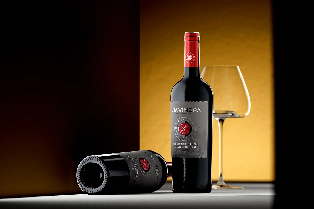Via Vinera Special Selection Cabernet Franc and Carmenere - two bottles, heritage wine label design with postage stamp die-cut border and Special Selection medallion, Karabunar Estate Bulgaria
