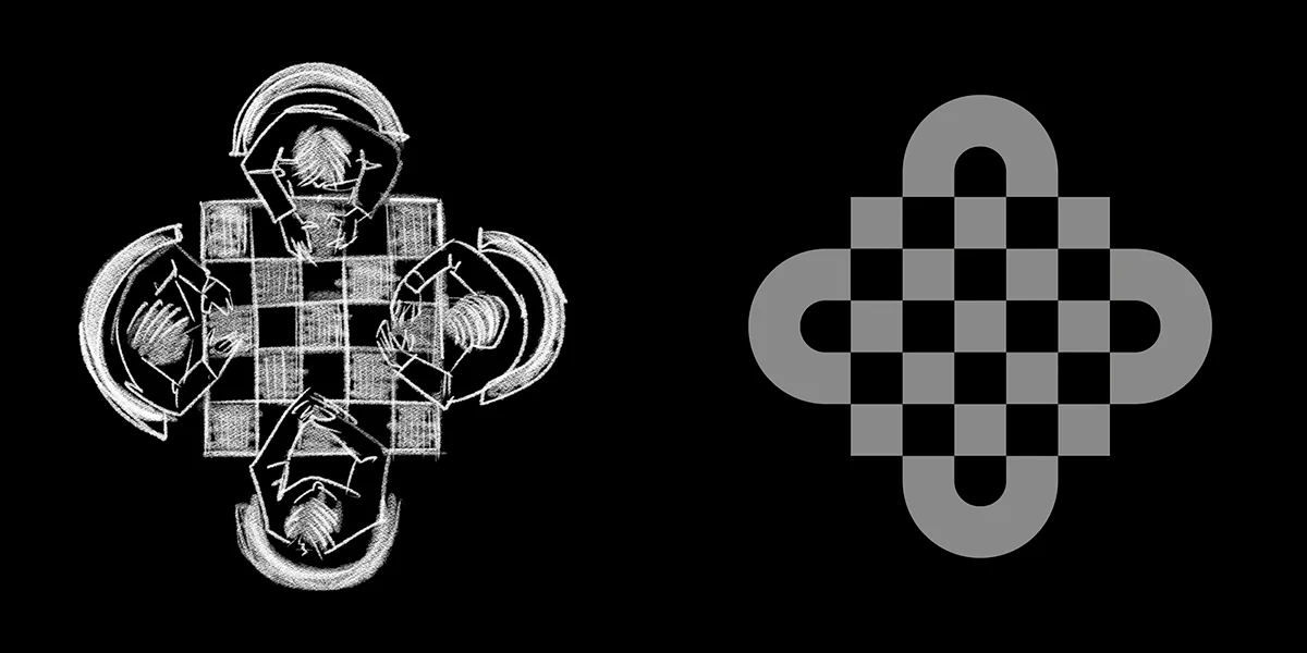 Four Friends Winery logo concept - stylised table viewed from above with four chairs as half-arcs, before and after logo comparison