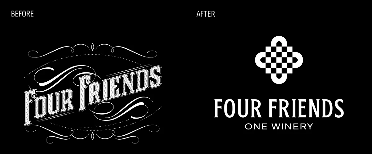 Four Friends Winery logo redesign before and after - old decorative script logo versus new geometric abstract logo with One Winery slogan
