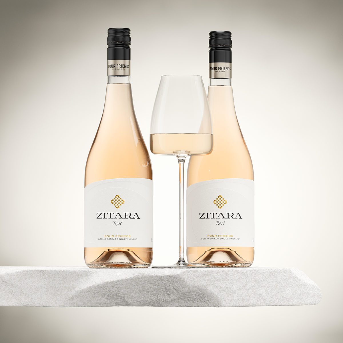 Zitara Rosé two bottles with wine glass - contemporary wine label design with gold foil logo and smoked silver screw cap, Four Friends Winery Bulgaria