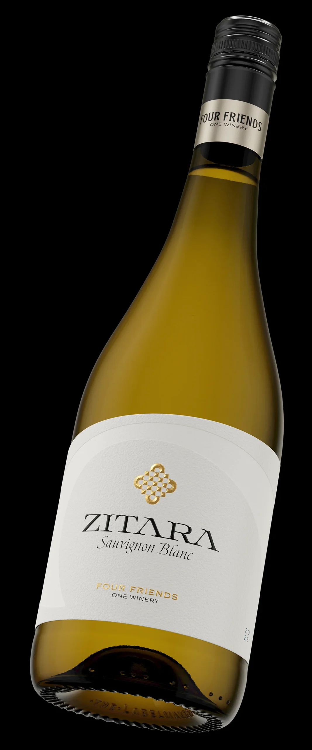 Zitara Sauvignon Blanc single bottle tilted - full view of contemporary wine label and smoked silver screw cap, Four Friends Winery wine brand redesign