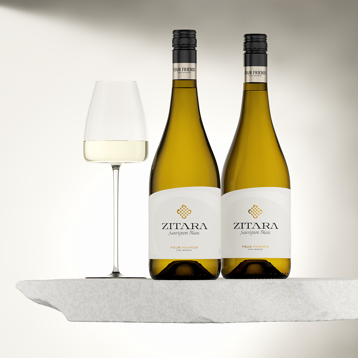Zitara Sauvignon Blanc two bottles with wine glass - contemporary wine label design with gold foil logo and smoked silver screw cap, Four Friends Winery Bulgaria