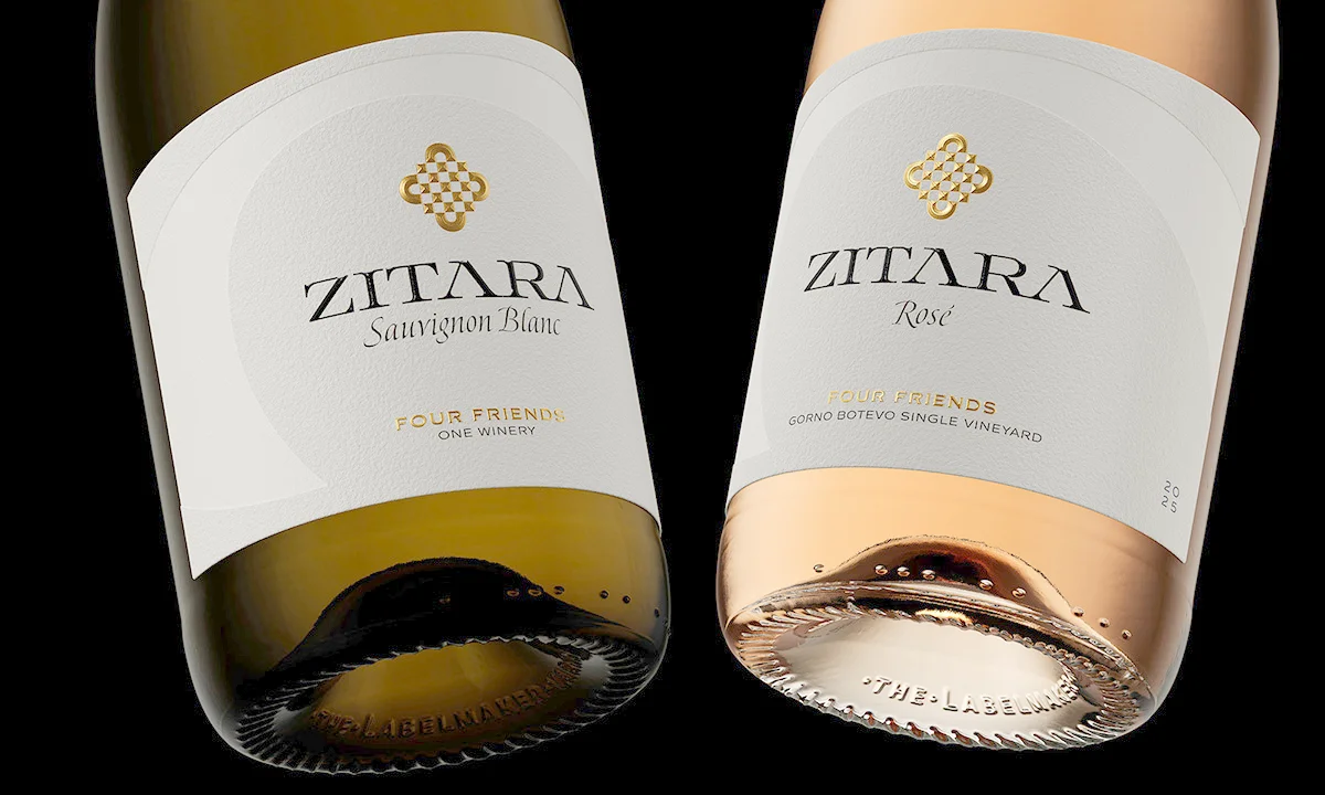 Zitara Rosé and Sauvignon Blanc wine label detail - gold foil Four Friends logo with roof embossing and Zitara wordmark in Aureus typeface, wine brand redesign Bulgaria