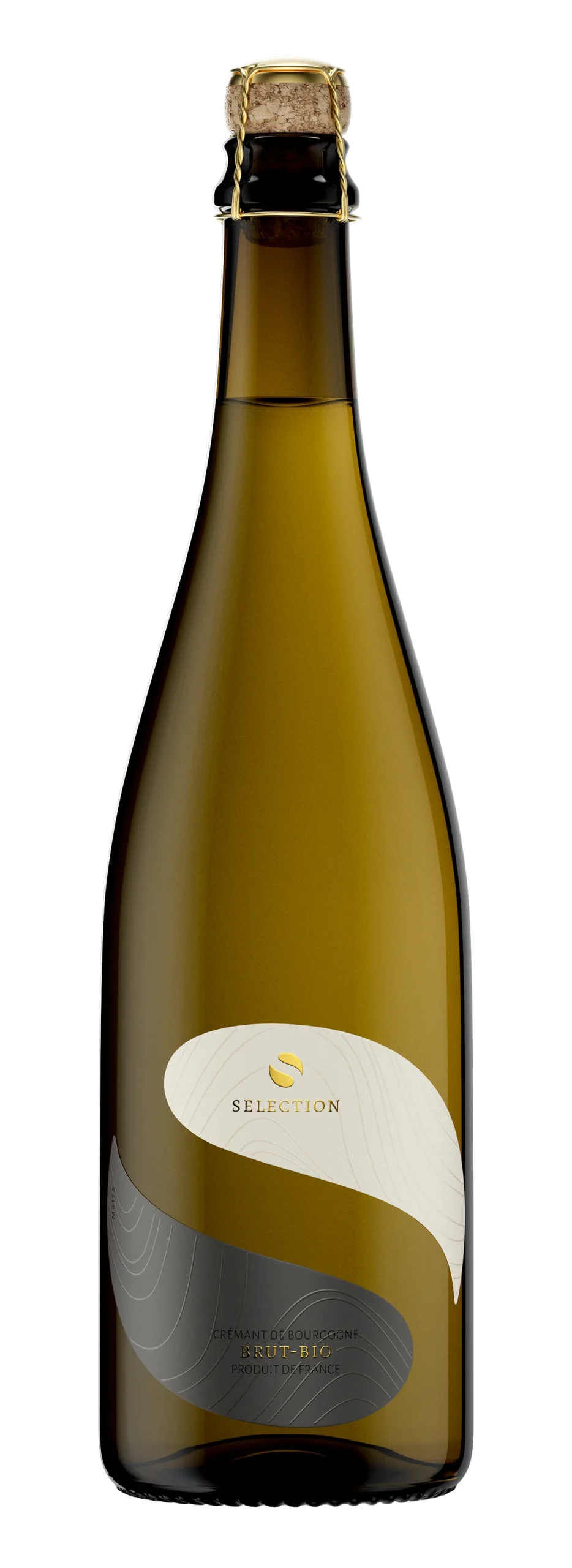 Staro Oryahovo Selection Crémant sparkling wine bottle full view - distinctive two-tone wine label design with S and O logo, gold muselet, white background