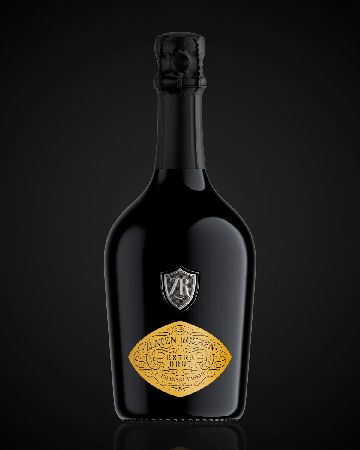 Premium sparkling wine label for Zlaten Rozhen Blanc de Blancs: the full bottle with pewter ZR shield, yellow diamond label and black matte capsule, CGI photo by the Labelmaker